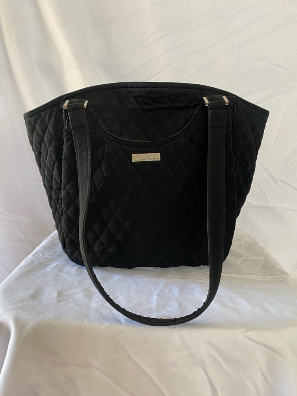 Vera Bradley Black Quilted Shoulder Tote with Logo Plaque